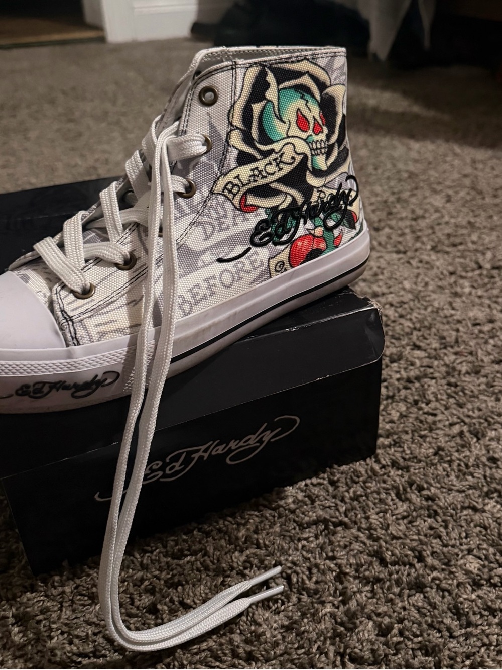 Ed Hardy White High-Top Sneaker with Multicolor Tattoo Graphics